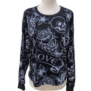 Circle X Black Skull Floral Print Long Sleeve Top Size Small